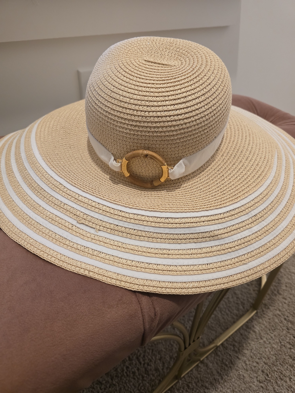 Ralph Lauren Beige Straw Sun Hat with White Band and Gold Ring Accent